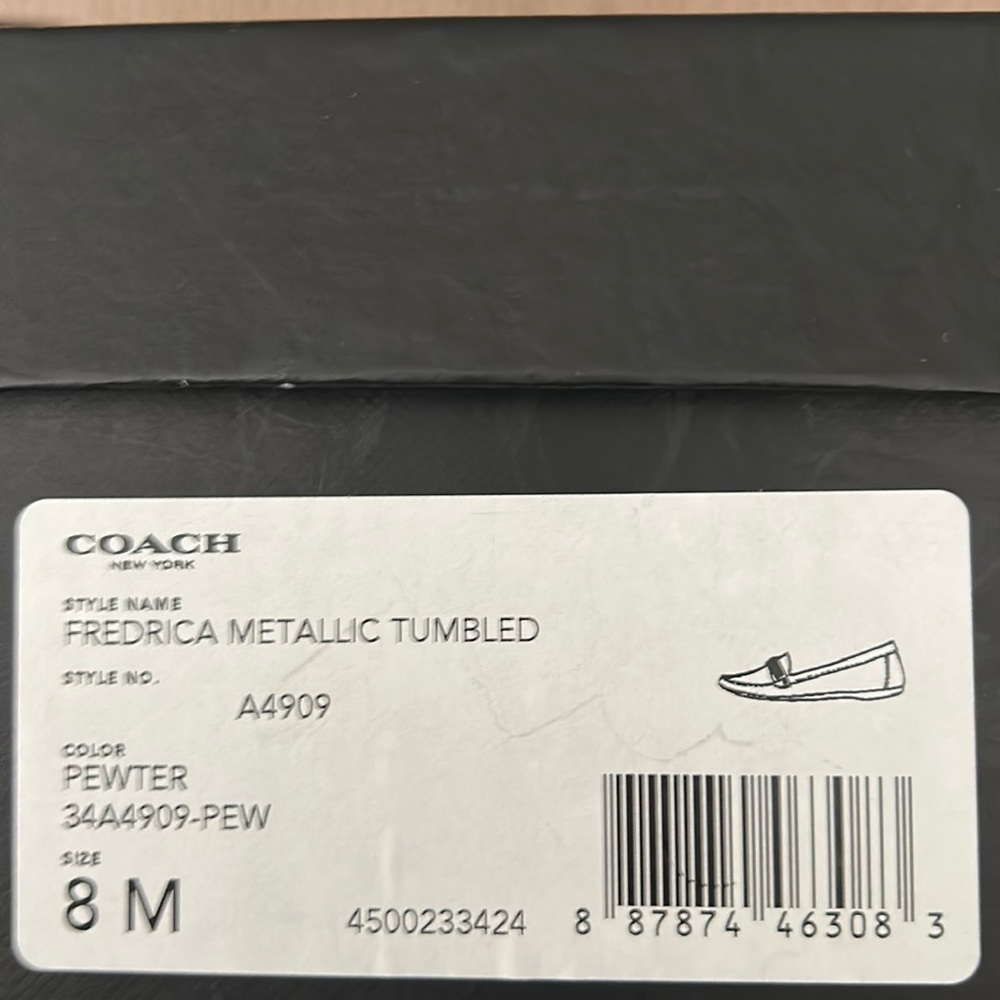 New Coach size 8 Fredrica Metallic Tumbled  Pewter loafer
